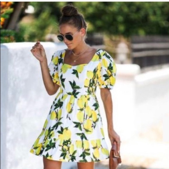 English Factory Womens A Line Dress Yellow White Mini Lemon Print - Size L - Picture 2 of 8